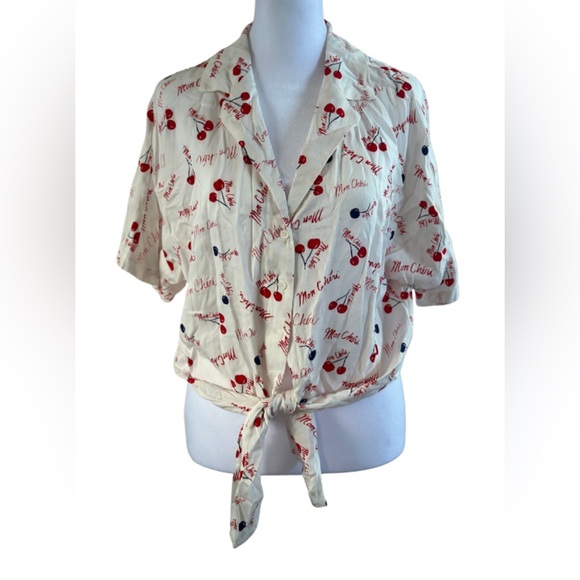 POPSUGAR White and Red Flutter Sleeve Tie Front Top - Picture 2 of 5